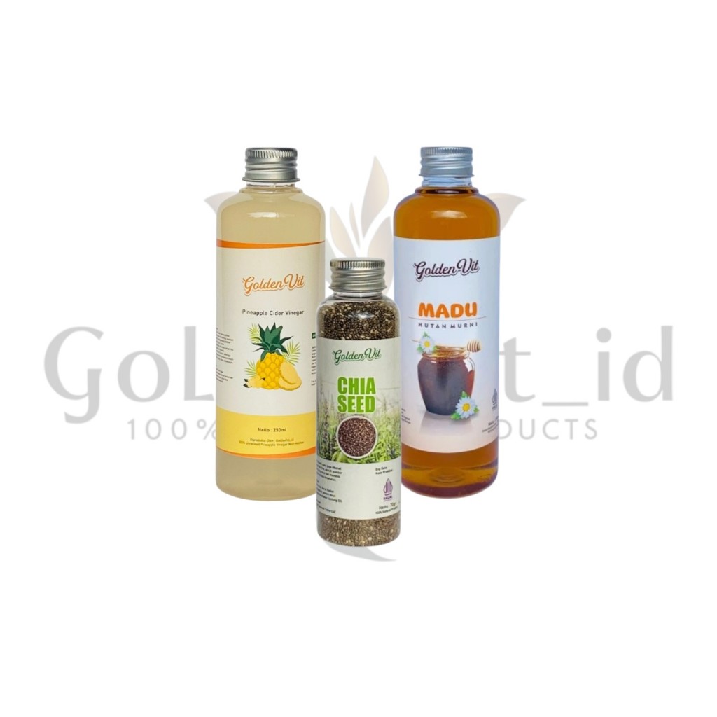 

Goldenvit Paket Hemat 3in1 Cuka Nanas 250ml , Madu hutan 250ml , Chiaseed 70g