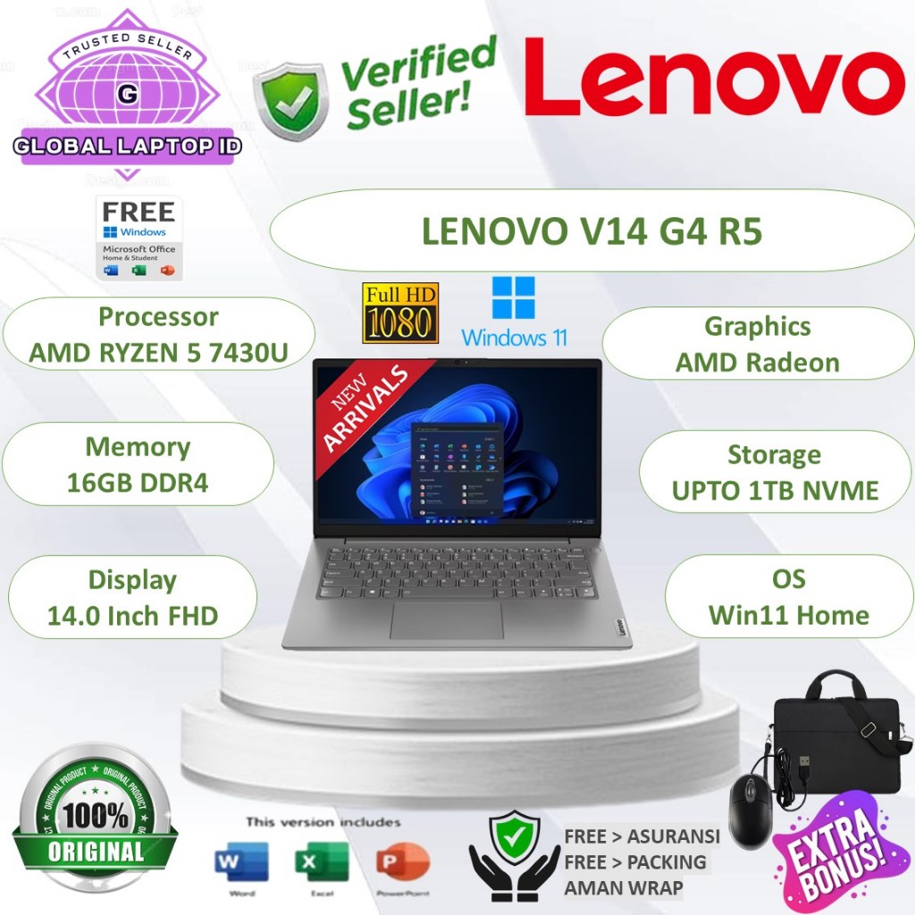 RESMI Laptop Lenovo V14 G4 Amd Ryzen 5 7430U RAM 16GB 1TB SSD 14" FHD Windows 11 Home + OHS 2021 Ori