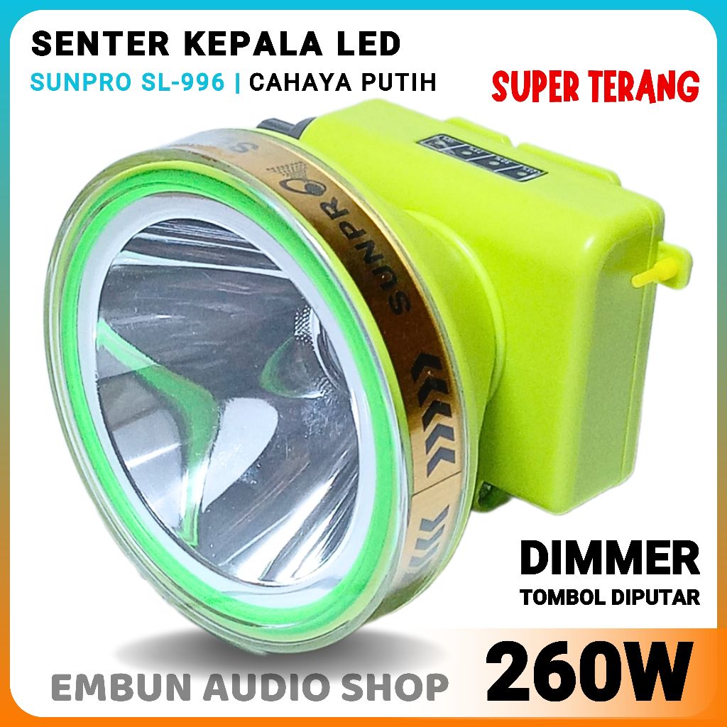SUNPRO Senter Kepala 260W Cahaya Putih Super Terang LED SL-996 Waterproof Tahan Air | Senter Cas Ula