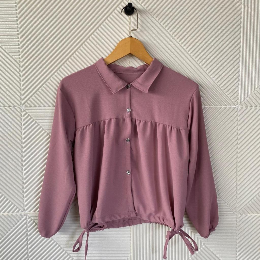 Kemeja Serut Samping Wanita / Atasan Kancing Lengan Karet / Baju Wanita Lengan Panjang /Korean Style