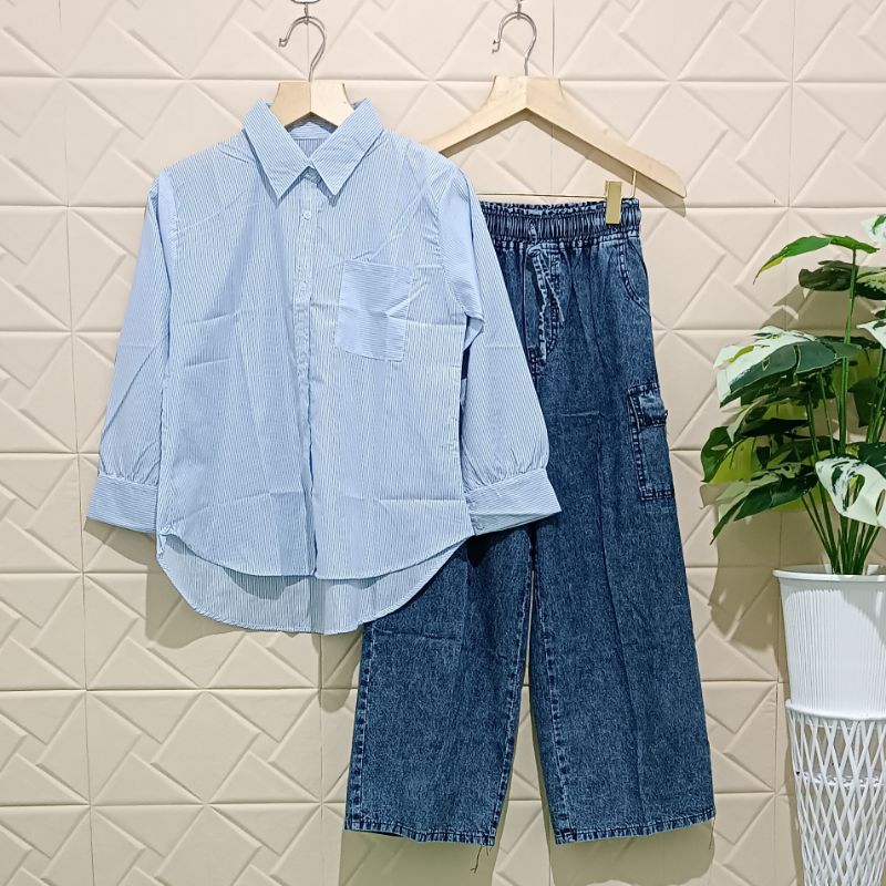 Made One Set Wanita Atasan Katun Motif Salur Dan Kulot Jeans Wash Setelana Wanita Terlaris