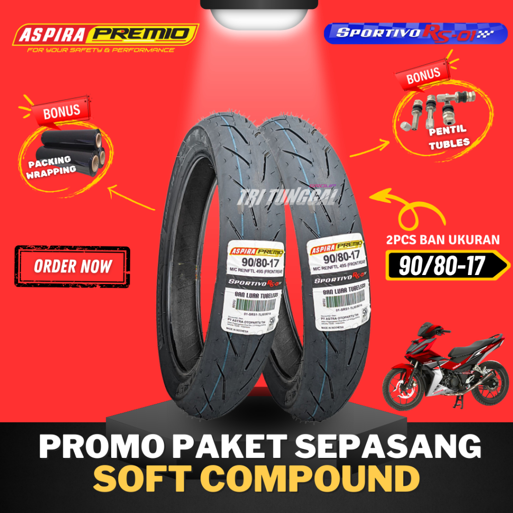 [TERMURAH SEPASANG] BAN ASPIRA PREMIO SPORTIVO RS01 RING 17  TUBELESS SOFT COMPOUND ( 90/80-17 ) / B