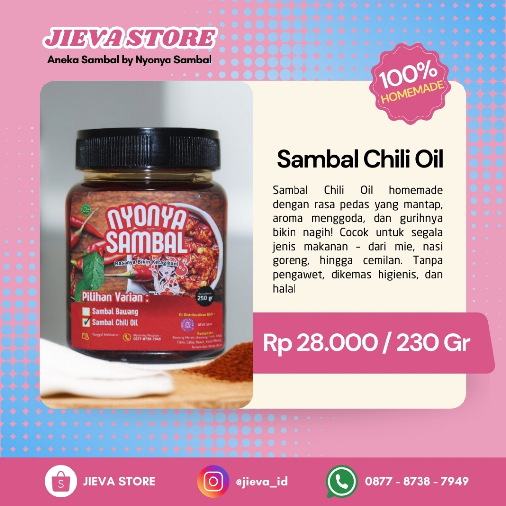 

Sambal Chili Oil Homemade Pedas Gurih Halal 230g – Tanpa Pengawet | JIEVA