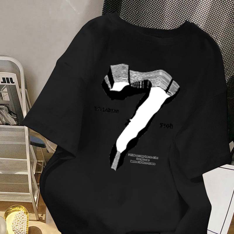 Lengan pendek bermotif menyenangkan nomor 7 tiga dimensi 3D gaya Amerika |  Baju Kaos Oversize Coupl