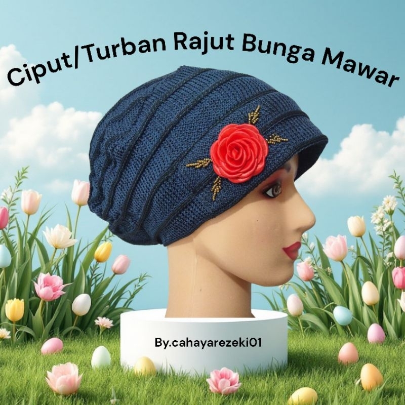 Ciput Rajut Turban Pet Bunga Mawar | Inner Topi Rajut StylishCiput Turban Bunga Mawar Rajut – Inner 