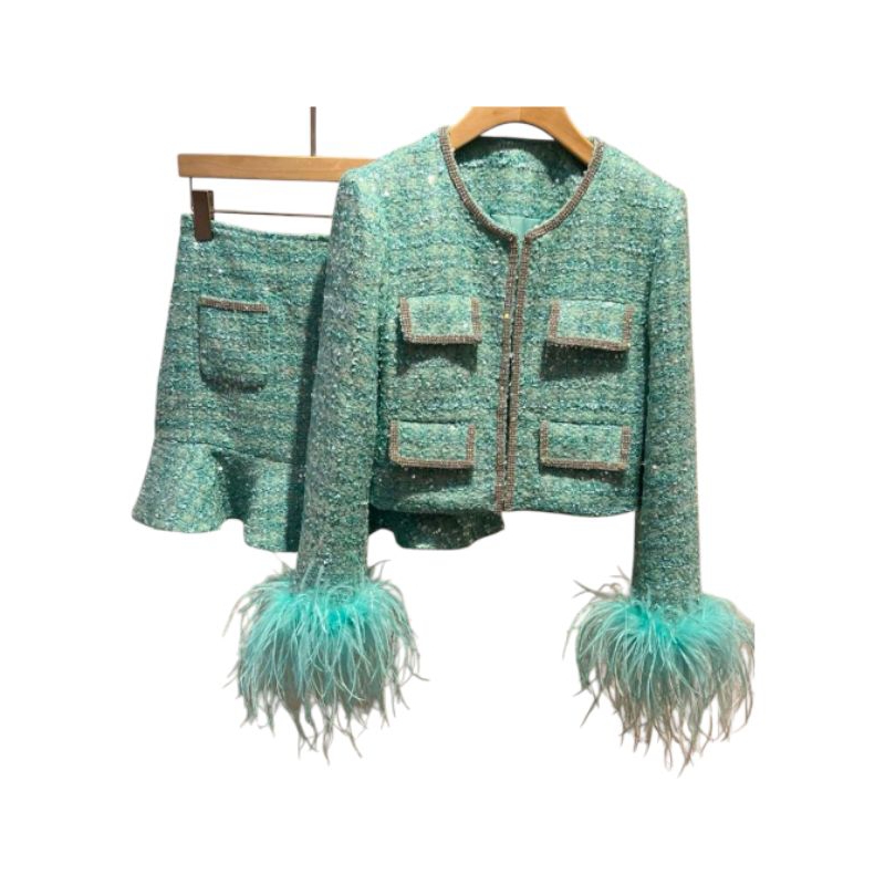 taglabel set green tassel tweed blazer and skirt