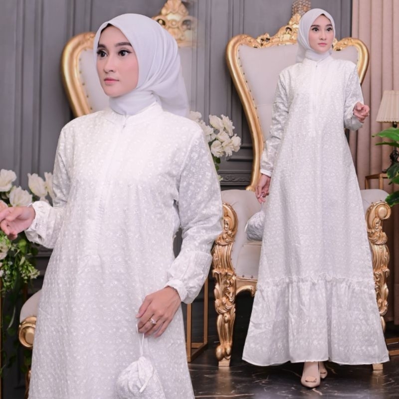 GAMIS IHROM PUTIN KATUN BORDIR PREMIUM// GAMIS REMPEL WANITA PUTIH ALEXA