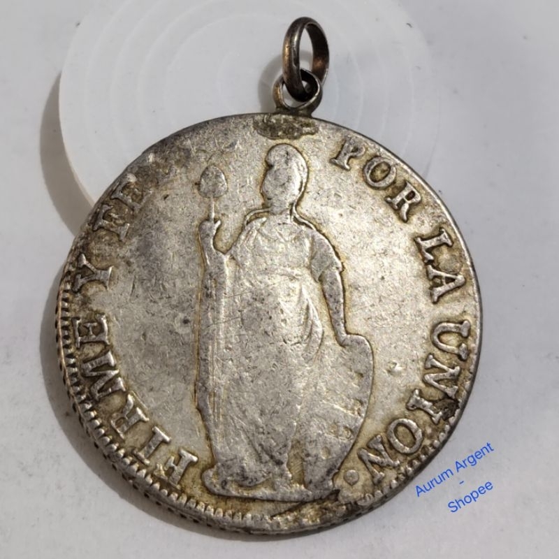 LT.12-- 1 PC LIONTIN ANTIK KOIN KUNO PERAK ASLI 8 REALES PERUANA TH 1840. -- PENDANT COIN SILVER --