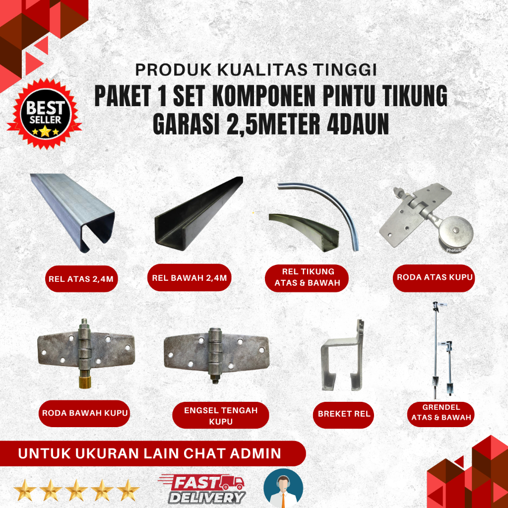 Paket Komponen Pintu Garasi Tikung 2,5 Meter 4 Daun | Full Set Rel, Roda, Engsel Kupu - Kuat & Awet 