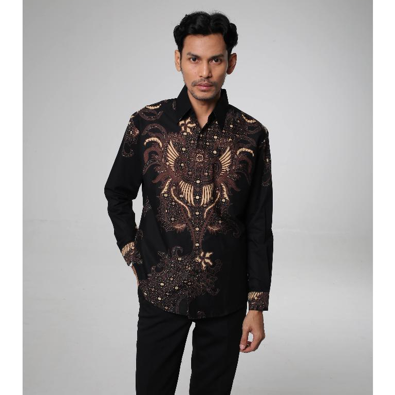 House Of Batik Solo - [BATIK PREMIUM] Kemeja Batik Kencono Hitam Kantor Pria Lengan Panjang Elegan K