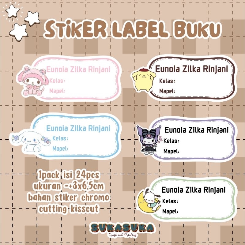 

stiker mapel custom / stiker label buku / stiker cutting lucu / stiker nama buku / SANRIO