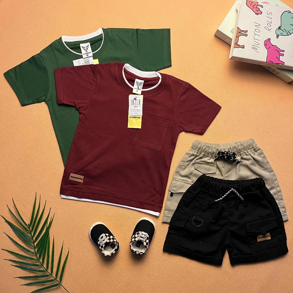 BRAVEKIDS FASHION TWO LAYER SETELAN ANAK 1-5 TAHUN, TSHIRT KATUN 24s & CELANA CARGON UNION DRILL, BA