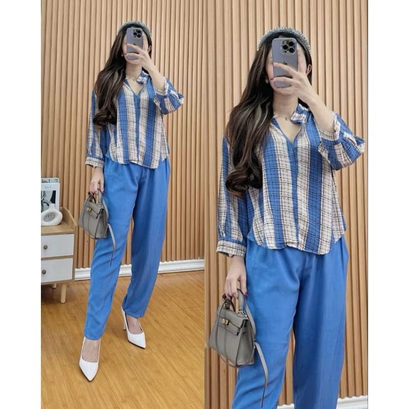 SET KEMEJA SALUR MURAH LENGAN PANJANG ONE SET SALUR KEKINIAN SETELAN SALUR BANGKOK SETELAN RAYON SAN
