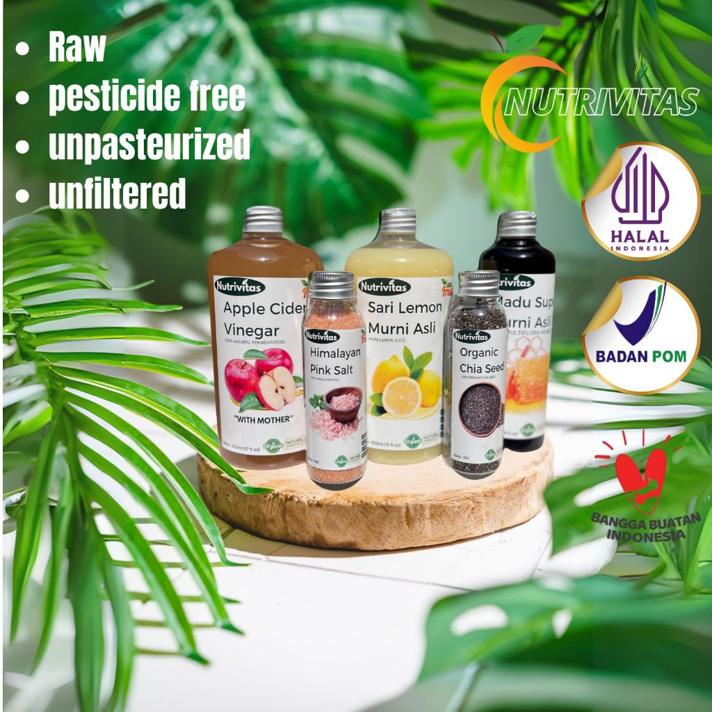 

Nutrivitas Paket Hemat - Bundle 5in 1 cuka apel 500ml sari lemon 500ml chia seed 70 gram madu multfiora 250ml dan himalayan salt 110 gram