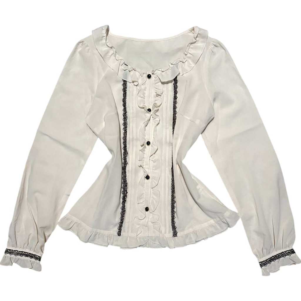 Milkmaid Ruffle Longsleeve Lace Puffy Top | Cream krem dollette victorian kerajaan putri princess ba