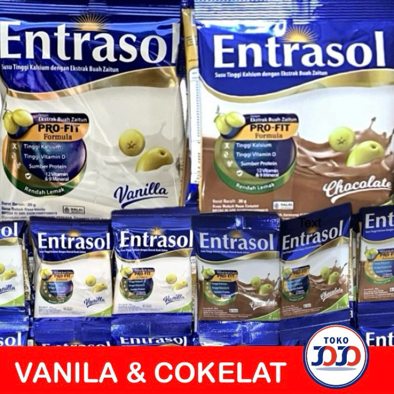 

Entraol Susu Tinggi Kalsium dengan Ekstrak Buah Zaitun 20 gram x 10 Sachet - Susu Bubuk Kalsium Rasa Vanilla dan Cokelat