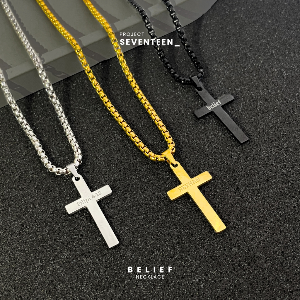 PROJECT SEVENTEEN_ (gratis cincin) - Belief Necklace - Kalung Salib Couple Pria Wanita Anti Karat