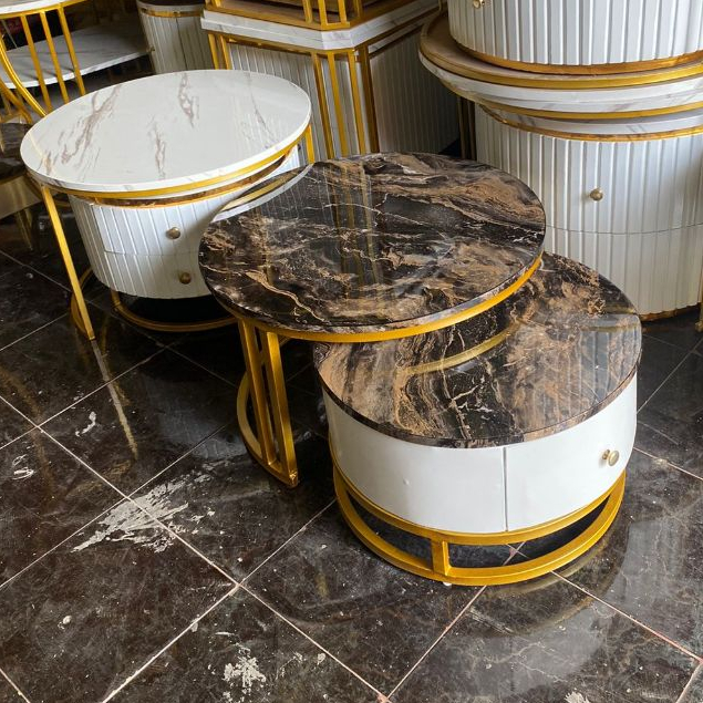 Meja Kopi Bulat Set 2 Minimalis Modern - Meja Tamu Susun HPL Marmer Gold Ruang Tamu Mewah