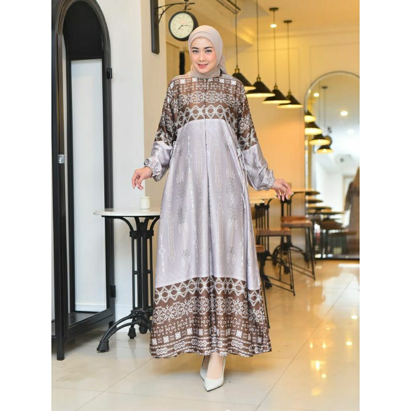 Baju Gamis Dress Silk Premium Motif Bunga Dress Gamis  Silk Premium Motif Terbaru Elegan