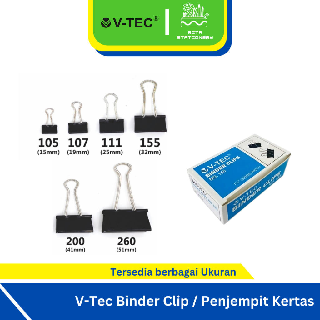 

V-Tec Binder Clip / Jepitan Kertas Hitam Besar Sedang Kecil Mini 105 107 111 155 200 260 - 1 Pack isi 12