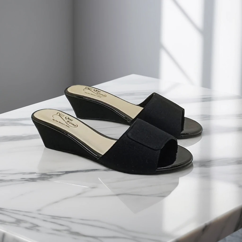 BIG SIZE 45.44.43.42.41.40 Sandal Wedges Wanita Simpel Selop Jumbo Canvas Hitam