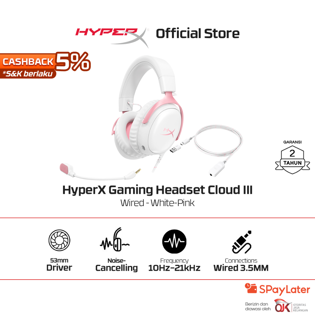 HyperX Headset Gaming Cloud III - Black / Red Wired Noise Cancelling Spatial Audio Leather Stereo Ba
