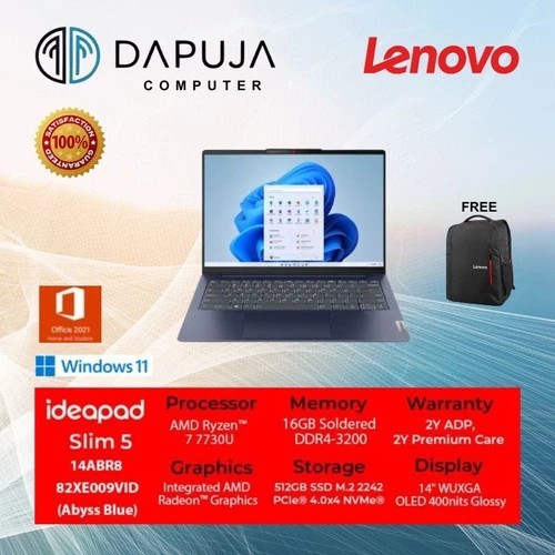 NB LENOVO 7730U Memori 16GB HDD 512GB IP Slim 5 14ABR8 Ryzen 7 7730U 14Inch WUXGA OLED WIN 11 + OHS 