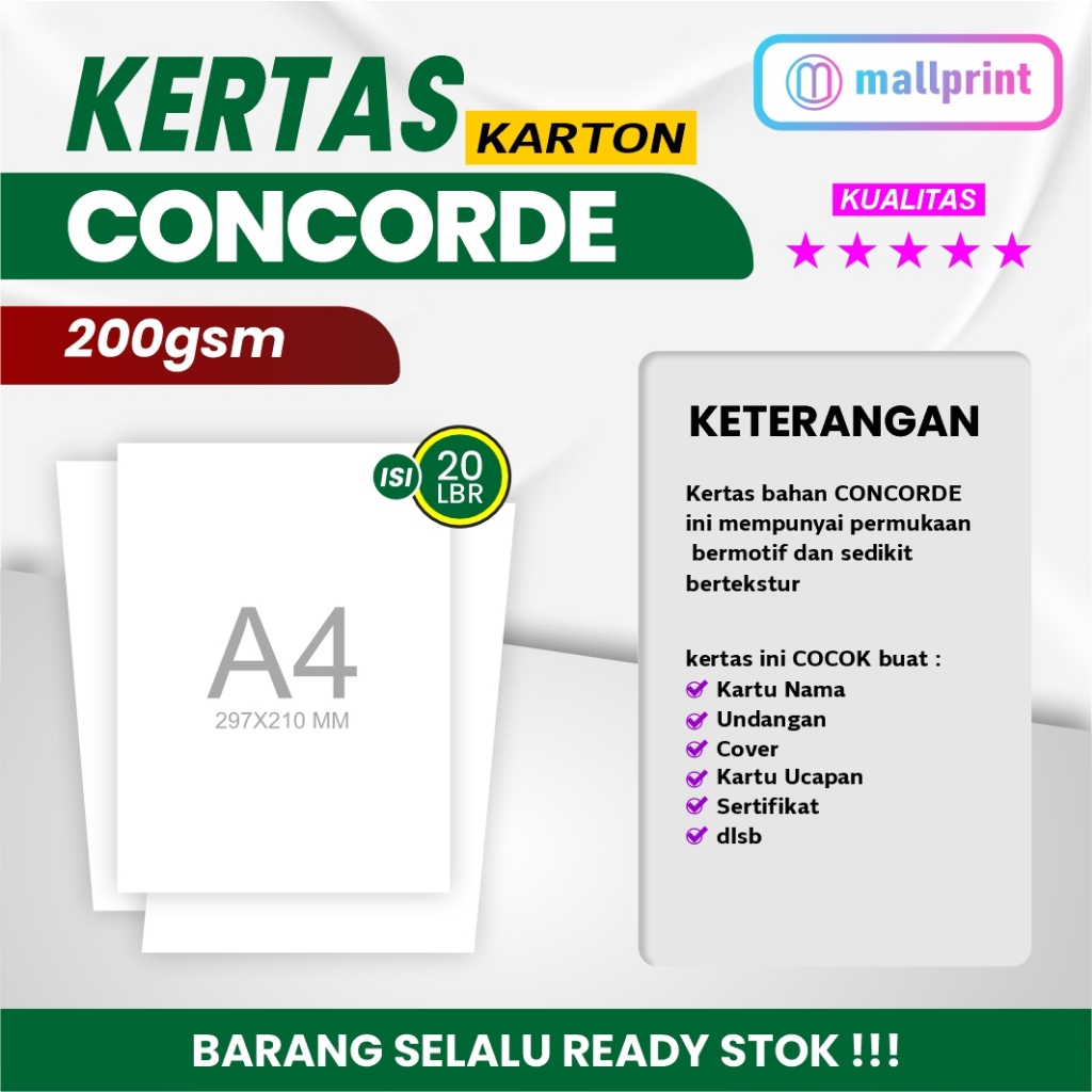 

Kertas Concorde 200gsm uk. A4 cocok unt. Sertifikat Piagam dll (isi 20 lembar)