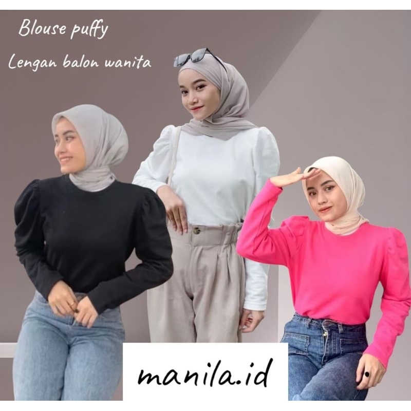 blouse puffy lengan balon wanita/atasan waffle premium wanita