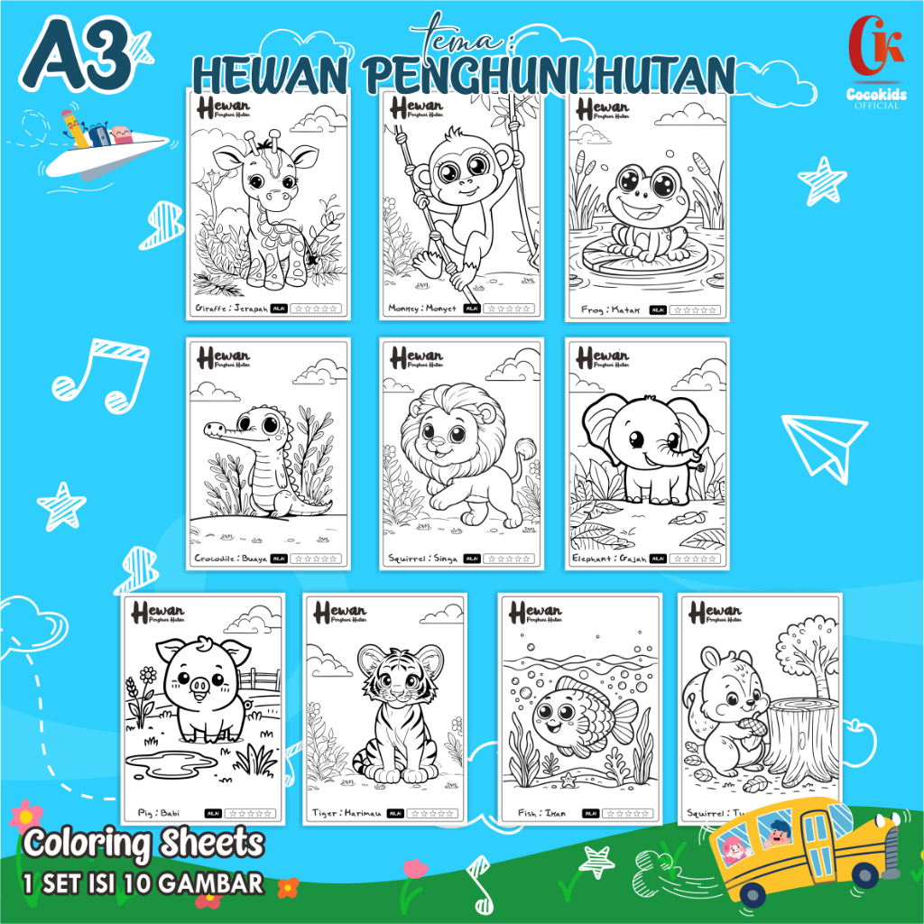

(HEWAN PENGHUNI HUTAN 01) KERTAS MEWARNAI ANAK A3 - COLORING SHEETS SERIES 1 - LEMBAR MEWARNAI ANAK PAUD/TK/SD