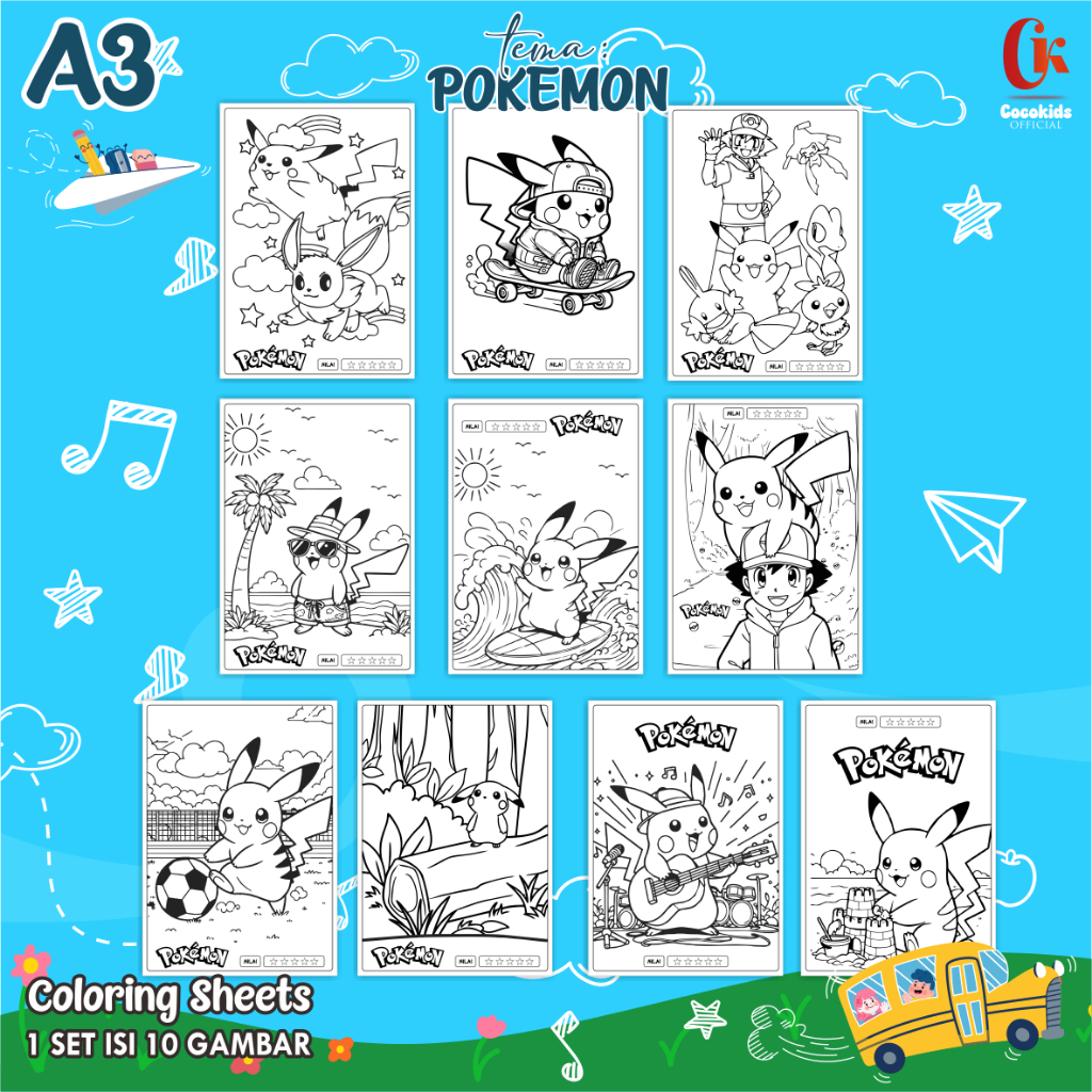 

(POKEMON 01) KERTAS MEWARNAI ANAK A3 - COLORING SHEETS SERIES 1 - LEMBAR MEWARNAI ANAK PAUD/TK/SD