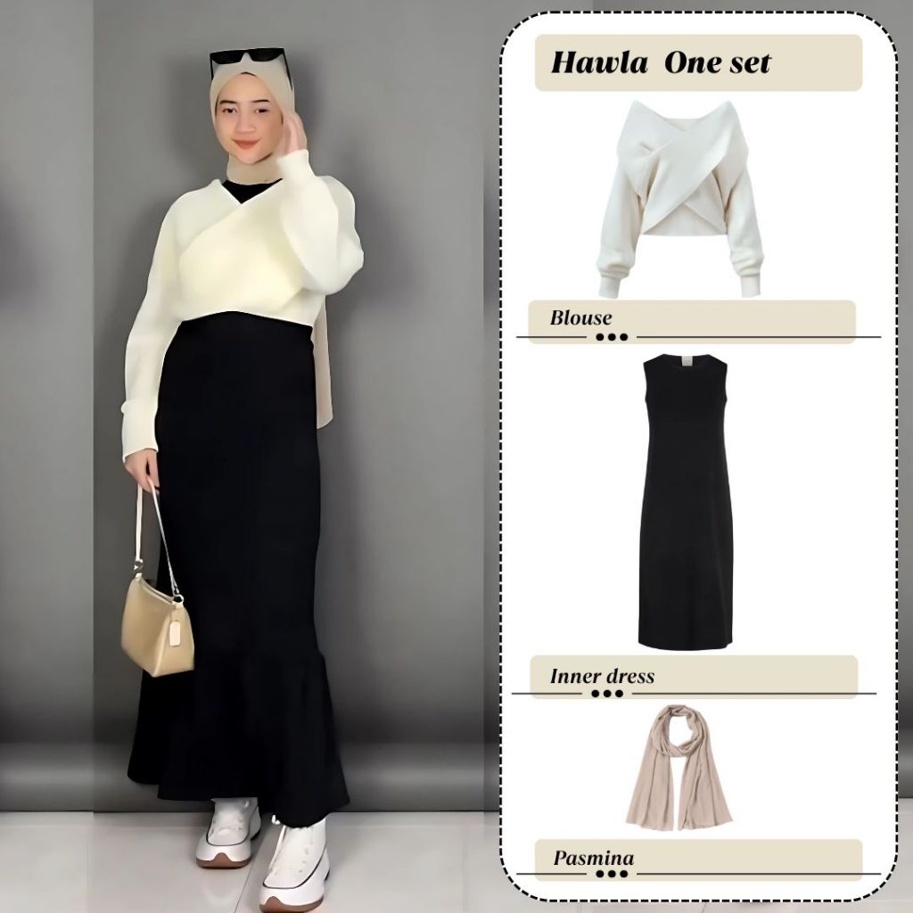 Hawla One Set Wanita Hijab Blouse Silang Inner Dress Pashmina Sexy Outfit Santai Casual Hangout Ootd