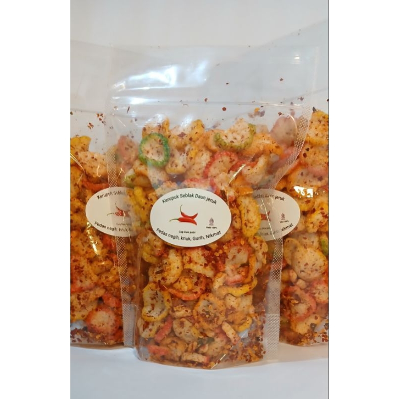 

krupuk seblak daun jeruk full bumbu extra pedas, (rendah minyak) gurih, kriuk, nikmat