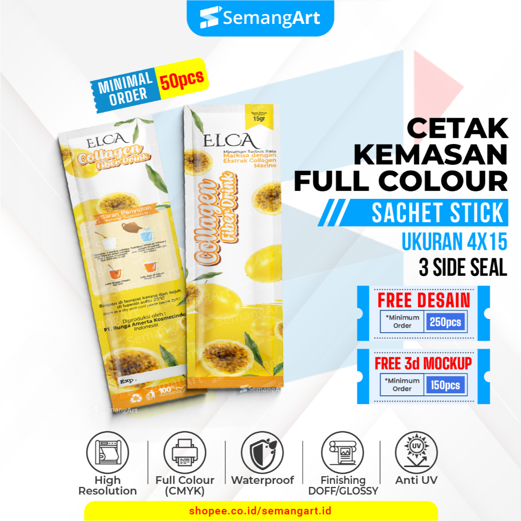 Kemasan Sachet 4x15 Minuman Serbuk Collagen / Kopi Full Printing Desain Custom
