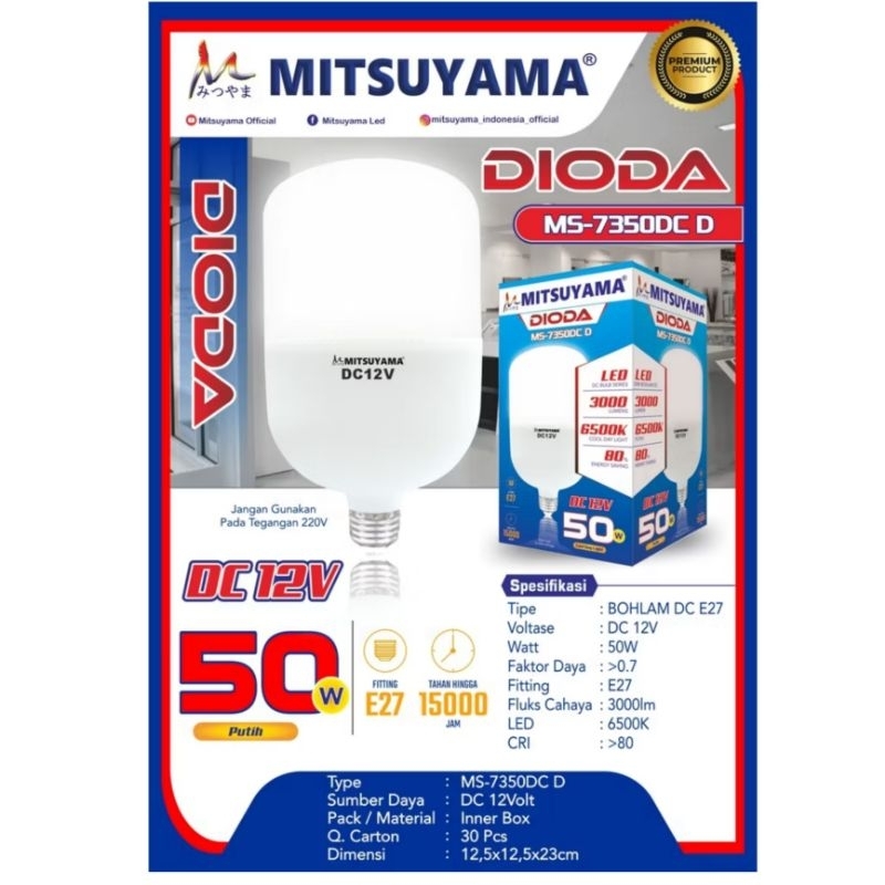 Bohlam Lampu Led Mitsuyama DC 12V 50W E27 Putih seri DIODA - 50 Watt
