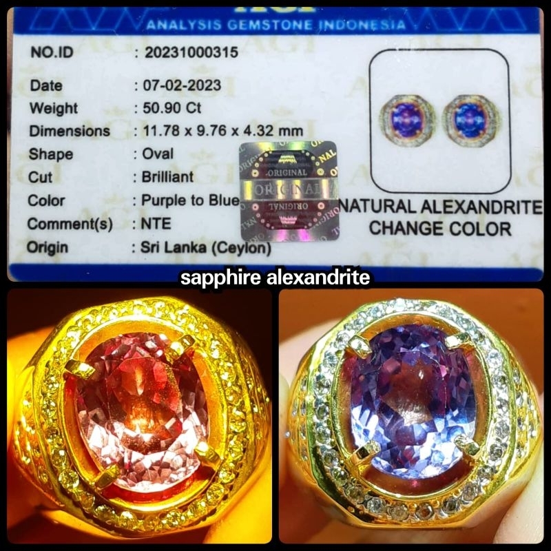 NATURAL BATU ALEXANDRITE MULTI COLOUR + RING PERAK ASLI