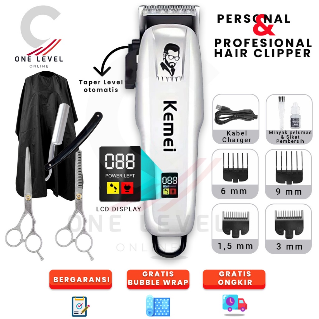 Alat Mesin Cukur Rambut Elektrik Cas Kemei Original Paket Barbershop Hair Clipper Indikator Baterai 