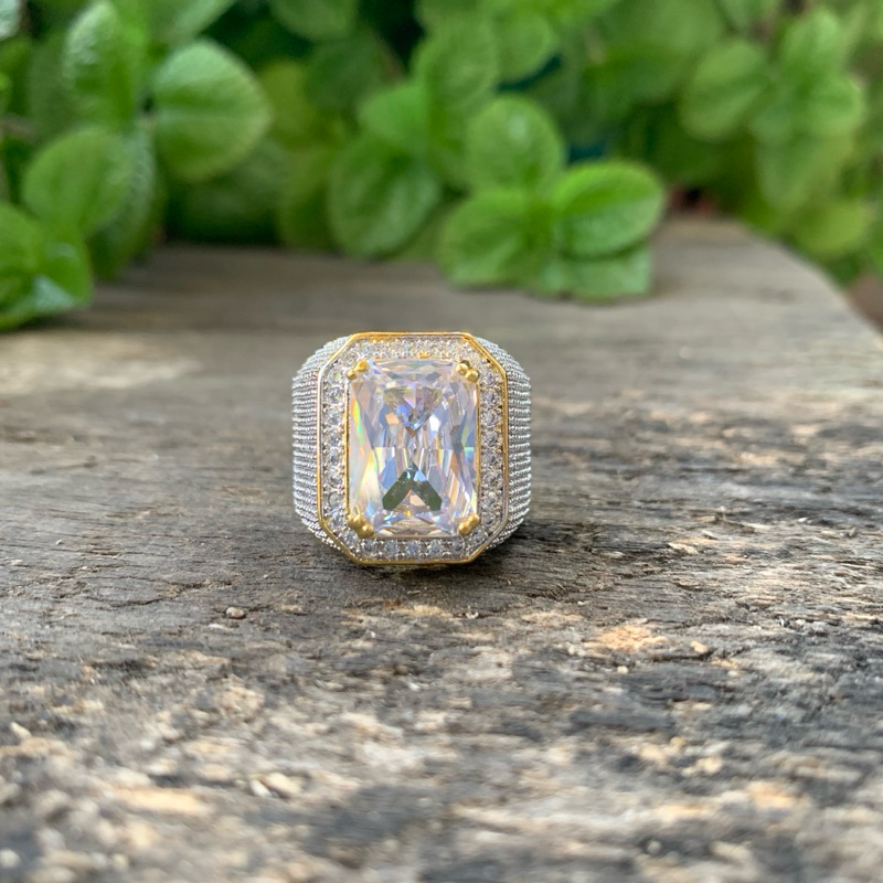 Cincin Batu Akik White Safir Diamond Berlian Putih Bening Cutting Mewah Elegan Minimalis Ring Gold P