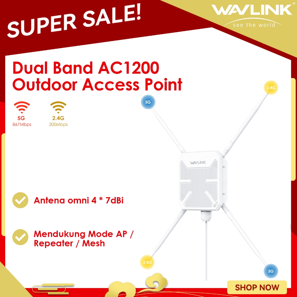 WAVLINK AC1200 Outdoor Access Point | WiFi 5 Dual Band 2.4G+5G | Mode AP/Repeater/Mesh | Penguat Sin