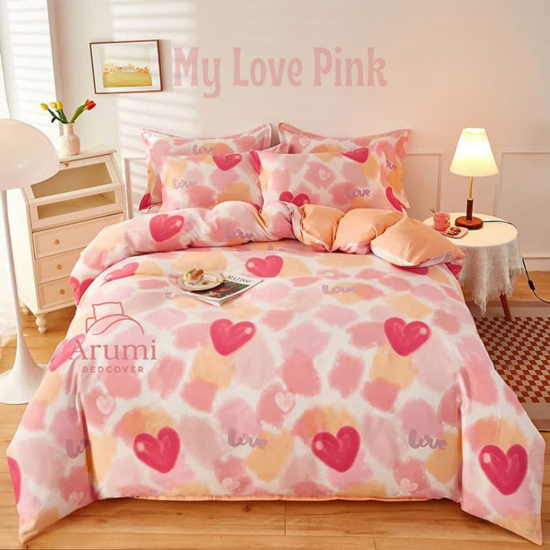 Bed Cover Set Sprei Dan Sargul Motif My Love Pink - Ukuran 90x200 - 200x200 - Arumi Bedcover