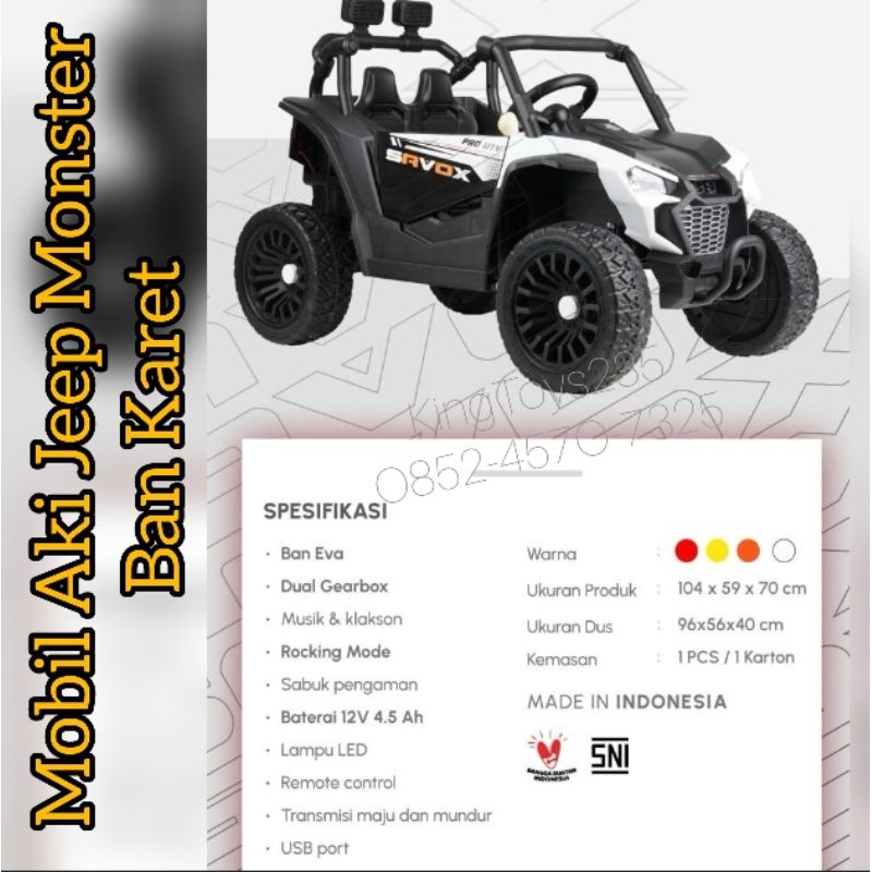 Mobil Aki Jeep Monster Besar Ban Karet Eva Lagu Lampu Musik Charger Remote Control Remot Kontrol Lad