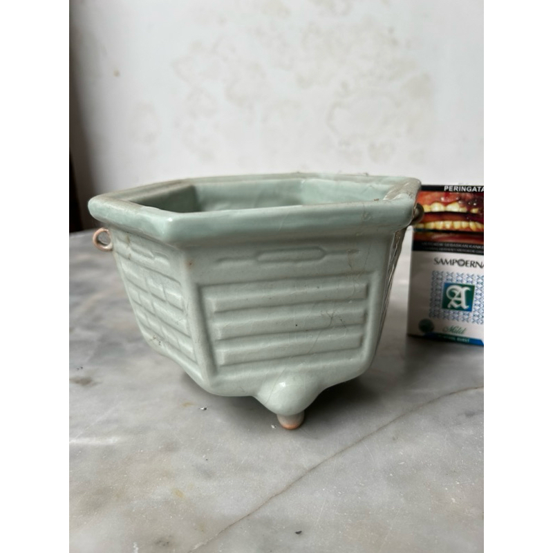 Keramik China Kuno Dinasty Tempat Abu Bluegreen Segi 6 Antik