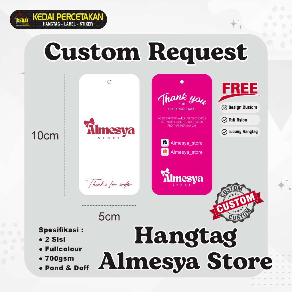 

HANGTAG ALMESYA STORE 5x10cm hantag aksesoris handtag Souvenir hangtag Custom hentek thank you handstag hangteg merk price tag label baju lebel merek bonus tali (HTAS) 2 Sisi