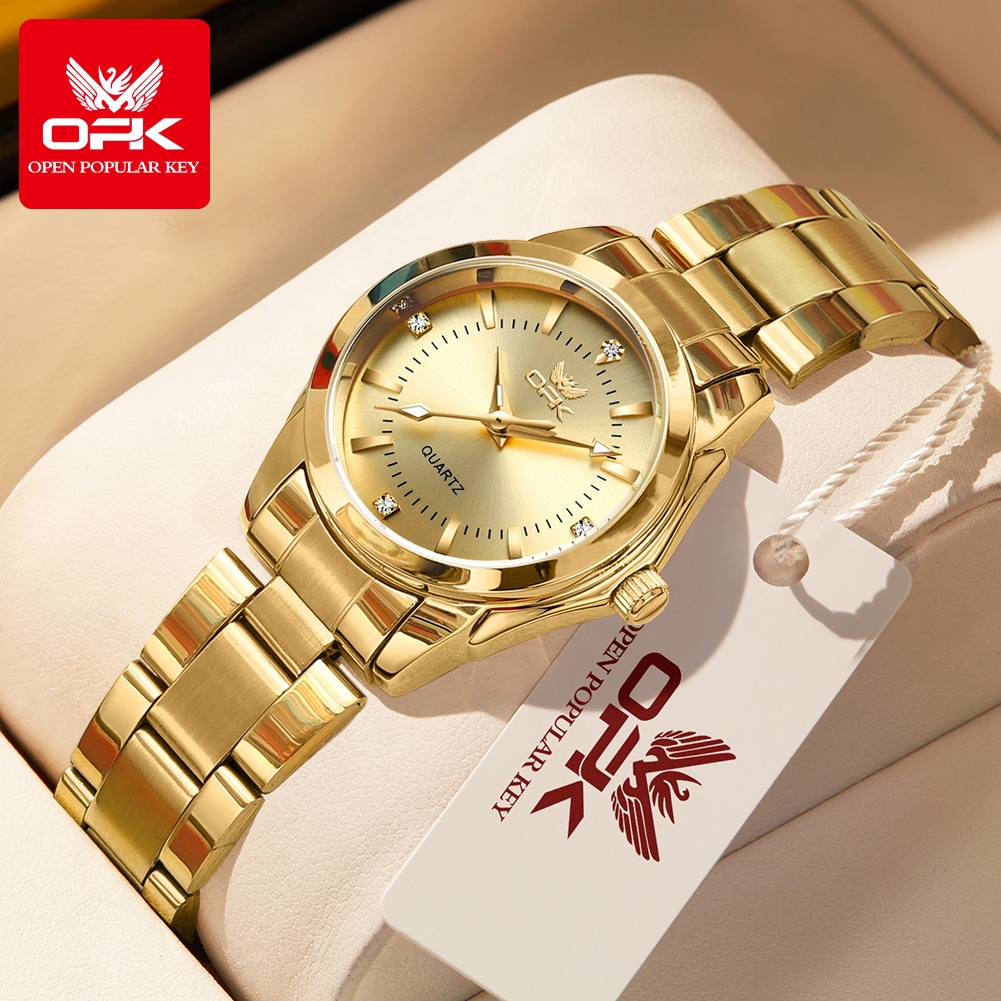 LIMITED OPK Jam Tangan Wanita Anti Air Original Terbaru Stainless Steel Bercahaya Emas Fashion Women
