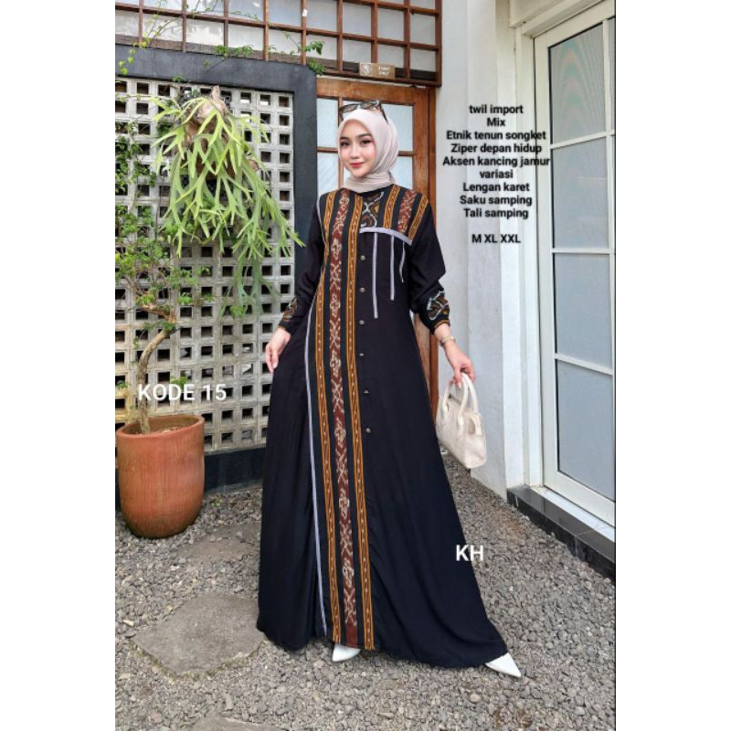 Gamis Twill ORI Motif Etnik kombinasi tenun Troso Terbaru