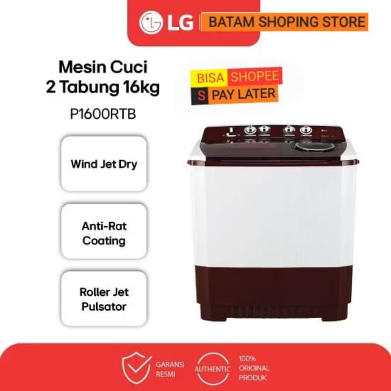 MESIN CUCI LG 2 TABUNG 16 KG P1600RTB ROLLER JET PULSATOR GARANSI RESMI