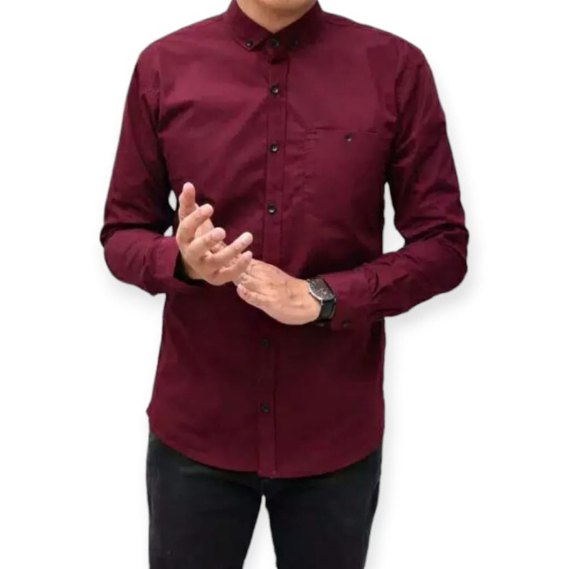 KEMEJA POLOS PRIA LENGAN PANJANG WARNA MERAH MARON