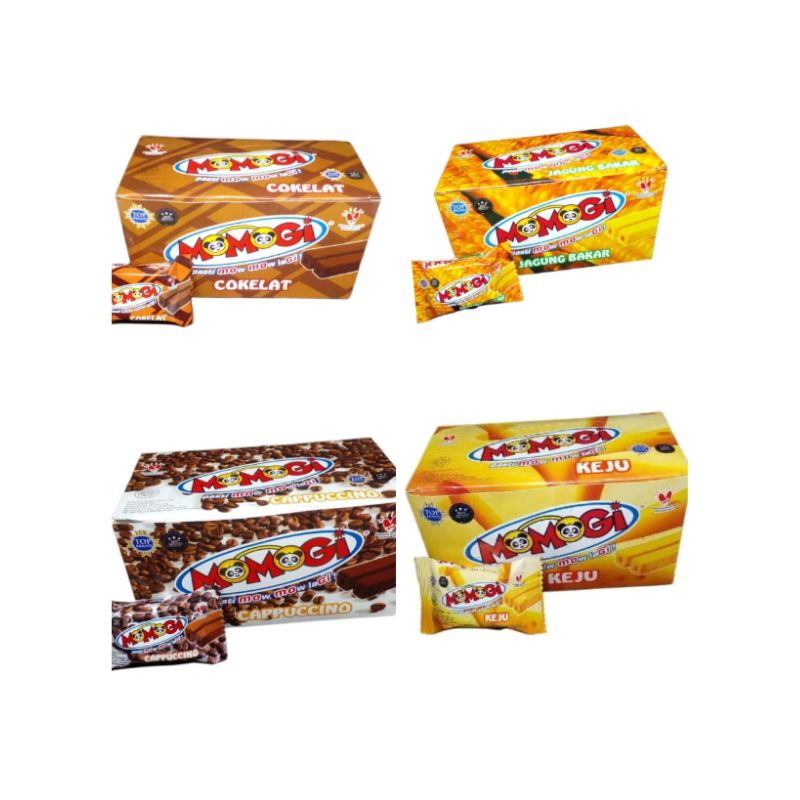 

Momogi Stick Snack Makanan Ringan rasa Jagung Bakar, Coklat, keju box isi 20 pcs