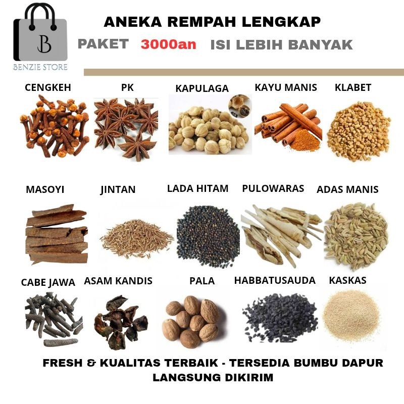 

Bumbu Dapur Lengkap Paket Hemat Rempah Rempah Herbal Kayu Manis Bunga Lawang Cengkeh Kapulaga Putih