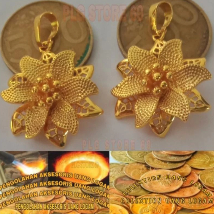 BANDUL KALUNG MOTIF BUNGA TERBUAT DARI BAHAN KOIN LOGAM LAPIS EMAS TAHAN KARAT